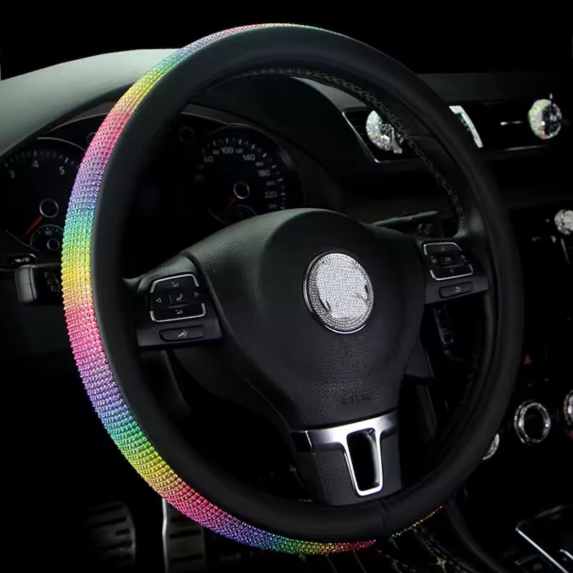Gökkuşağı Taşlı Geçmeli Direksiyon Kılıfı-Siyah Derili