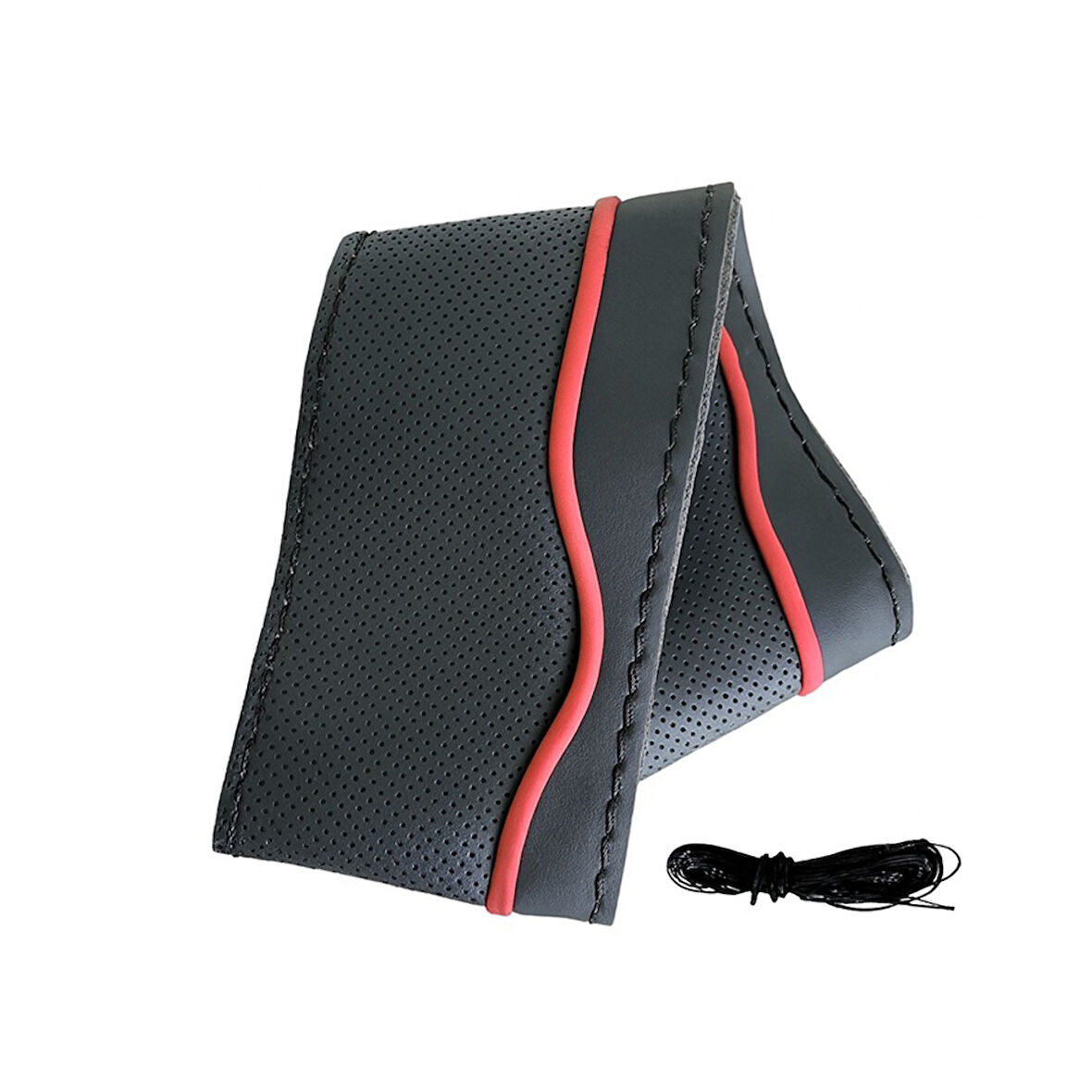 Lüx Desenli Deri Dikme Direksiyon Kılıfı 38-40cm Siyah-Kırmızı Şeritli OND373