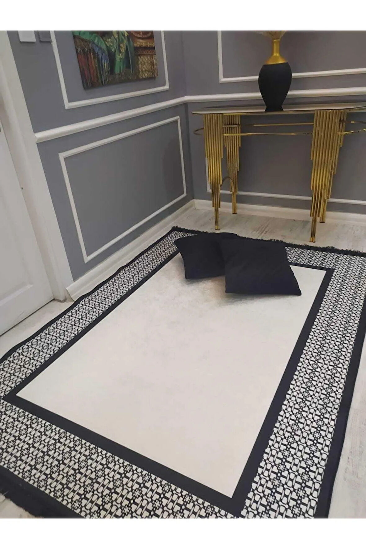 Çerçeveli Örüntü Desenli Kaymaz Tabanlı Yıkanabilir Leke Tutmaz Dokuma Taban Halı Drk8080-4