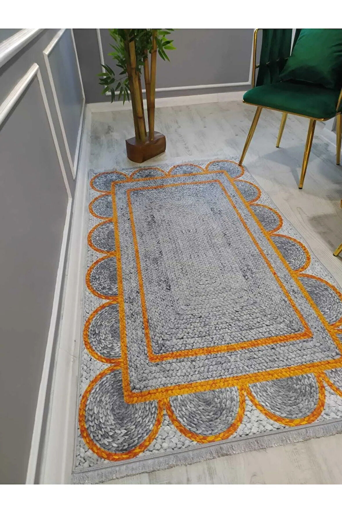 Kaymaz Tabanlı Leke Tutmaz Yıkanabilir Gri Renkli Hasır Görünüm Desenli Dokuma Taban Halı Drk8089-6