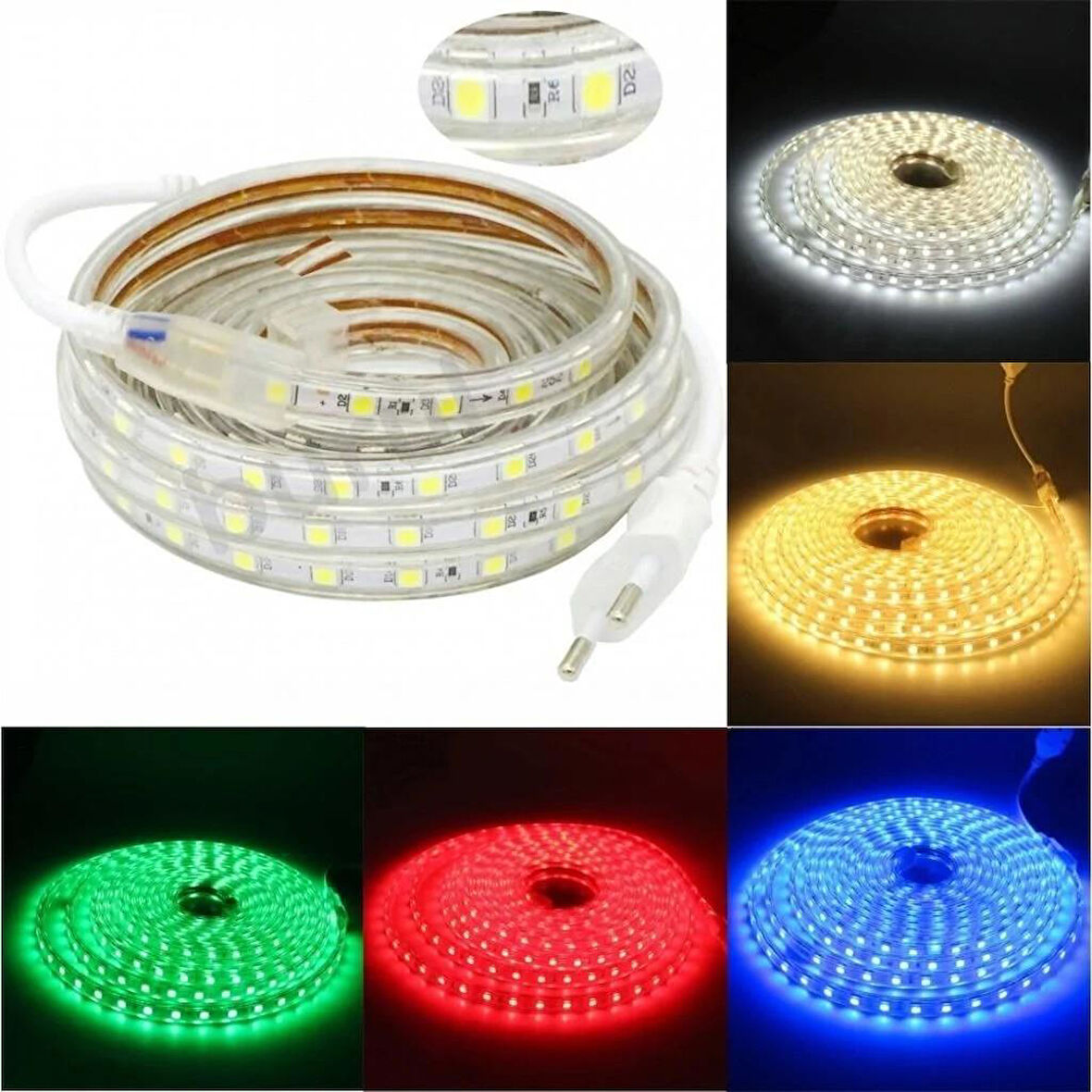 220 Volt Hortum Şerit Led Beyaz 20 Metre Şerit Led 220V Led Aydınlatma + Fiş(20M)