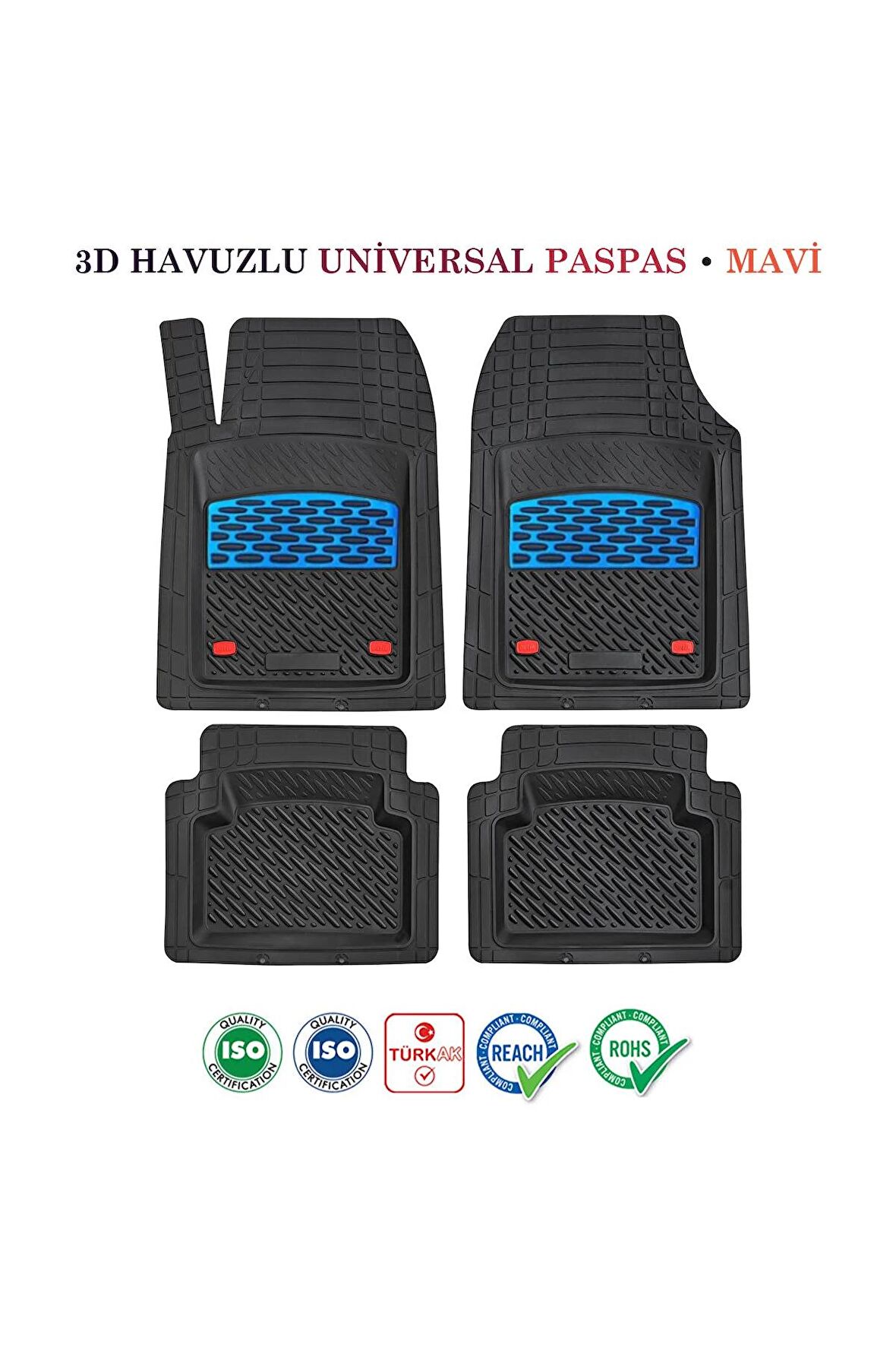 Oto Paspası 3D Havuzlu Universal Kesilebilir 5 Parça Siyah Krom Mavi