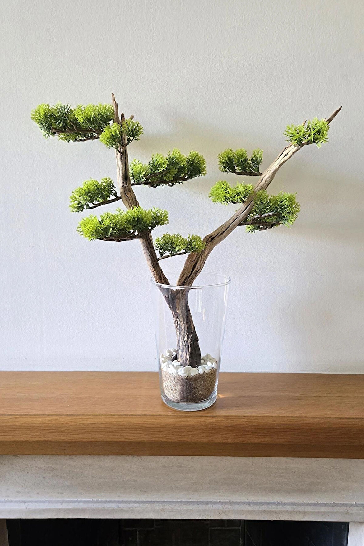 El Yapımı Cam Vazo Bonsai | Gerçek Okaliptus Gövdesi | Doğal Taşlı Masa & Ev Dekoru