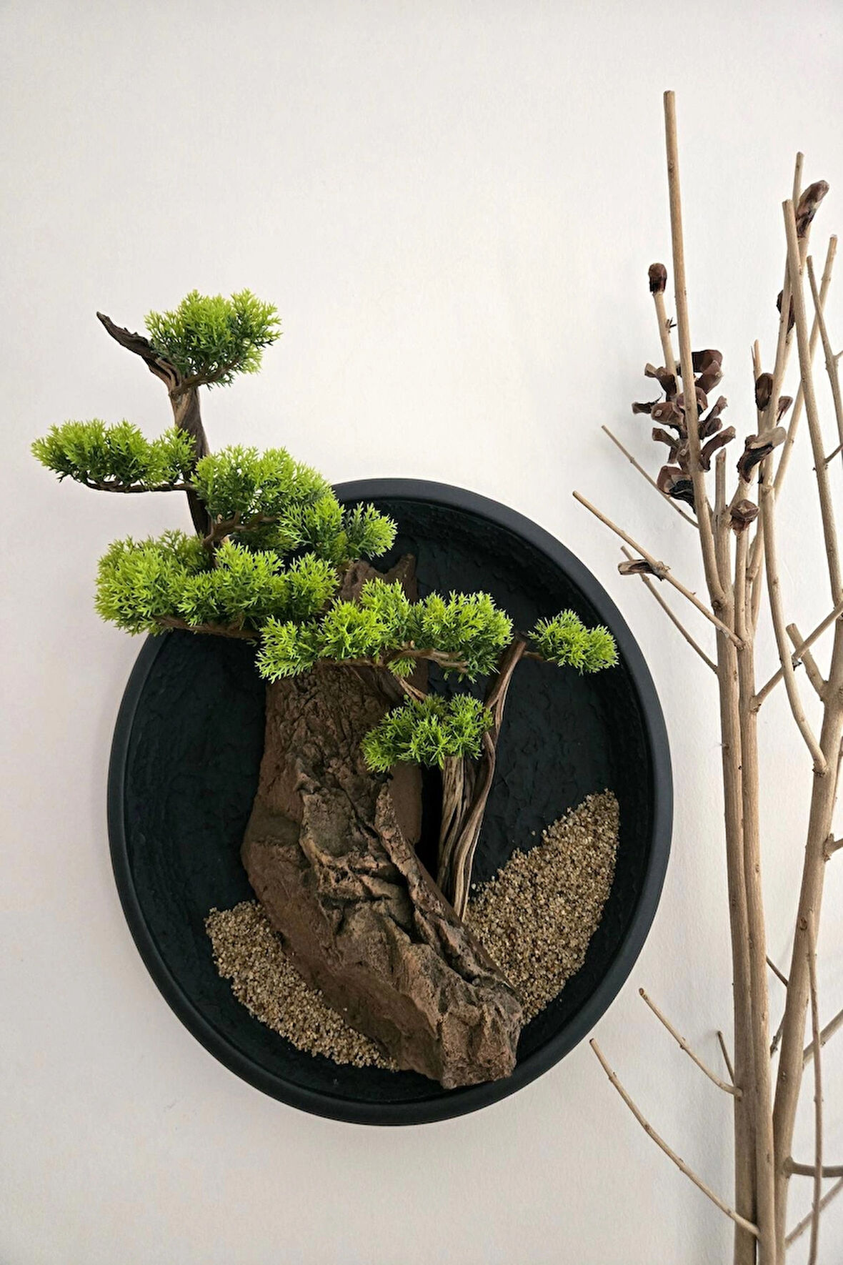 El Yapımı Driftwood Bonsai – Gerçekçi Yapay Yapraklı Duvar Dekoru - Tablo