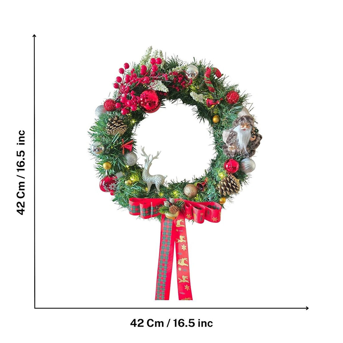 El Yapımı Santa & Deer Yılbaşı Kapı Süsü – Kırmızı Yeşil Altın Noel Çelengi