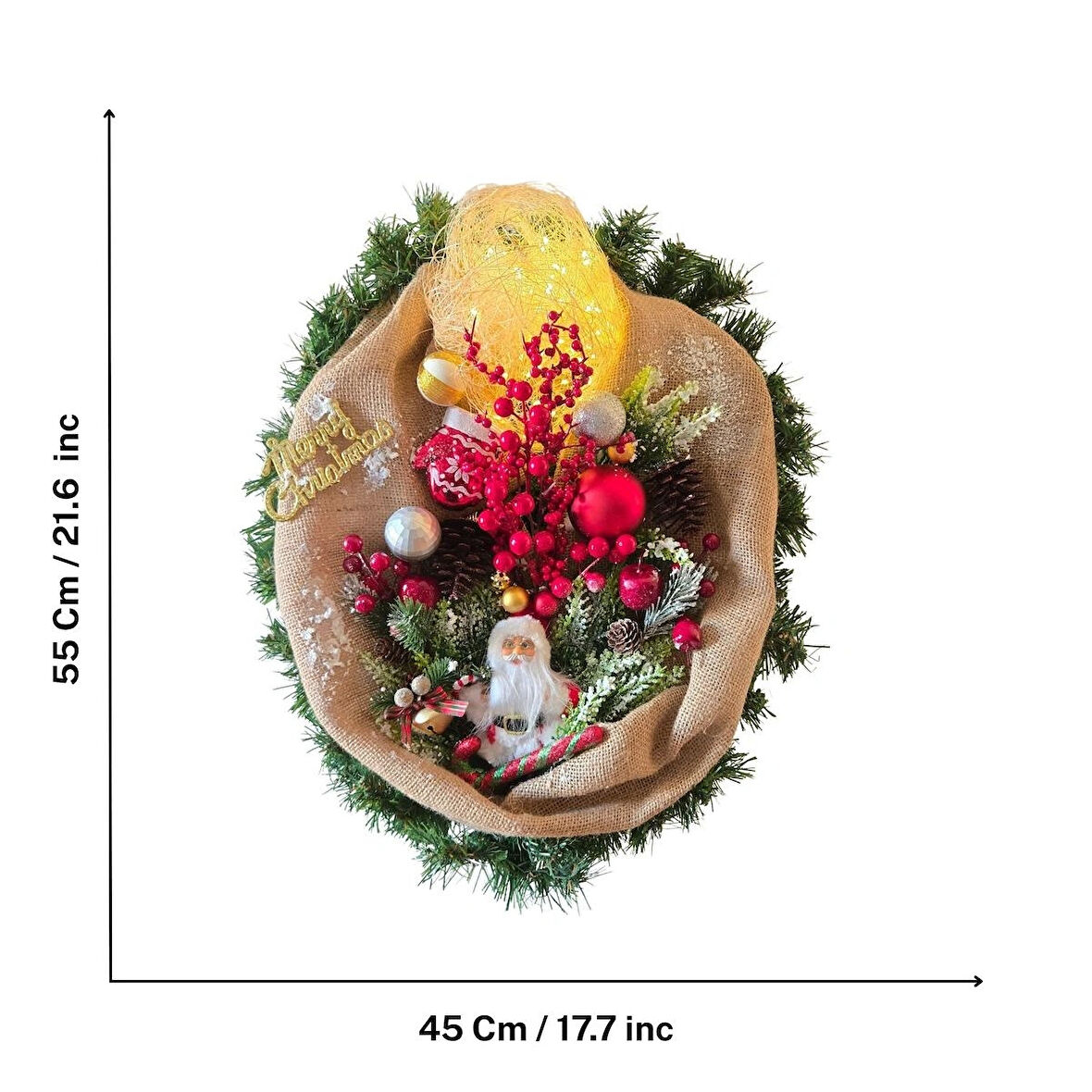 El Yapımı Jüt Kumaşlı Santa Yılbaşı Süsü – Kırmızı Yeşil Noel Kapı - Duvar Dekoru