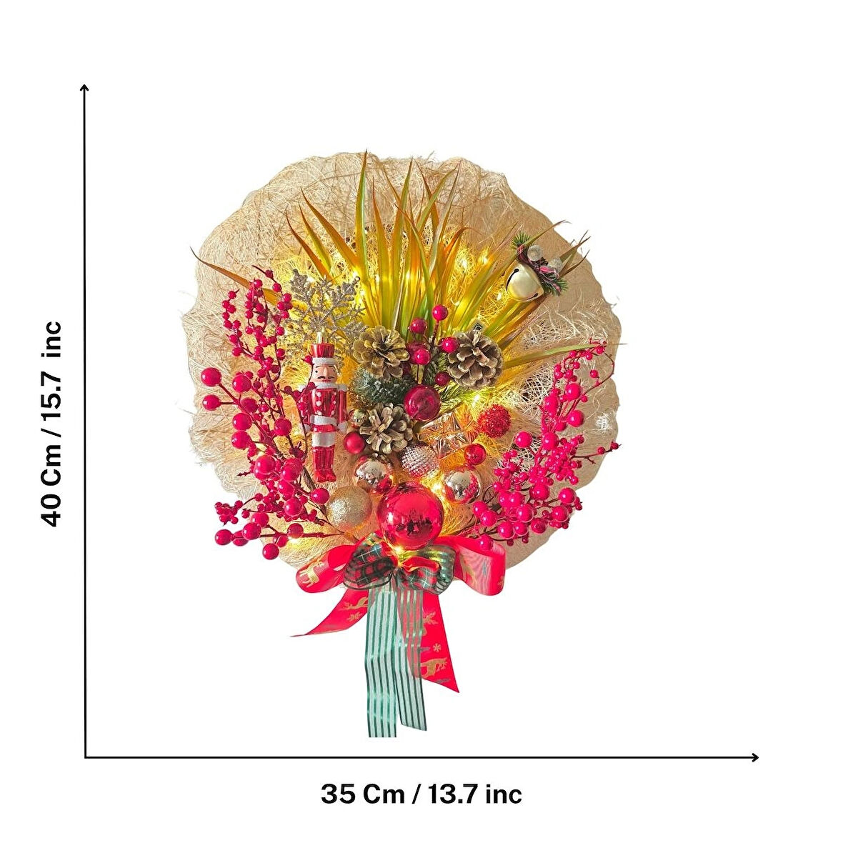 Işıklı Yılbaşı Duvar ve Kapı Süsü – El Yapımı Kırmızı & Altın Noel Dekoru