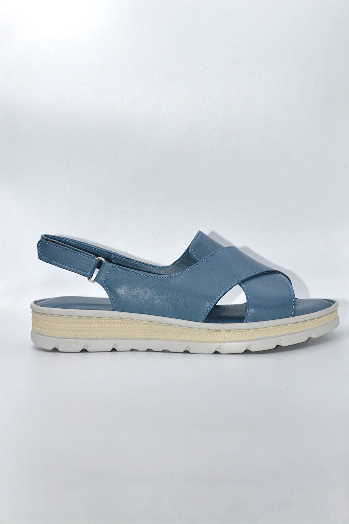 Kadın Mavi Hakiki Deri Comfort Cırtlı Sandalet ve Ayakkabı - ( DRN-436 )