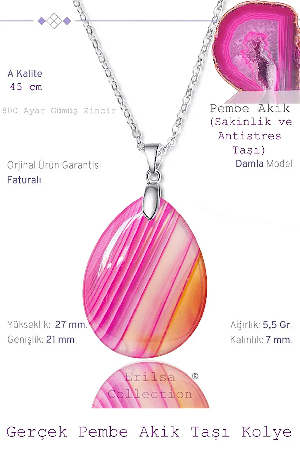 Sertifikalı Damla Model Pembe Akik Taşı Kolye (Gümüş Aparatlı)