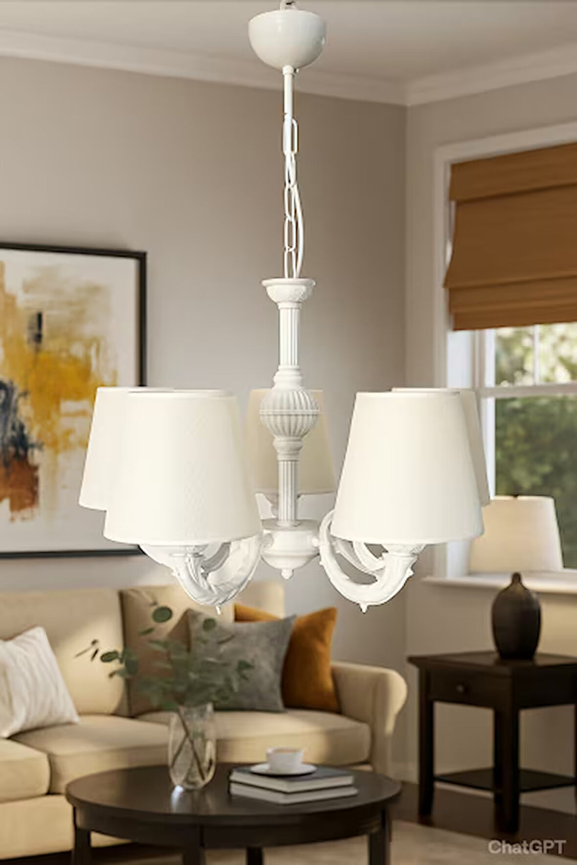 RİGA ZAMAK AVİZE BEŞ KOLLU STATİK BEYAZ BOYALI KREM RENGİ ŞAPKALI