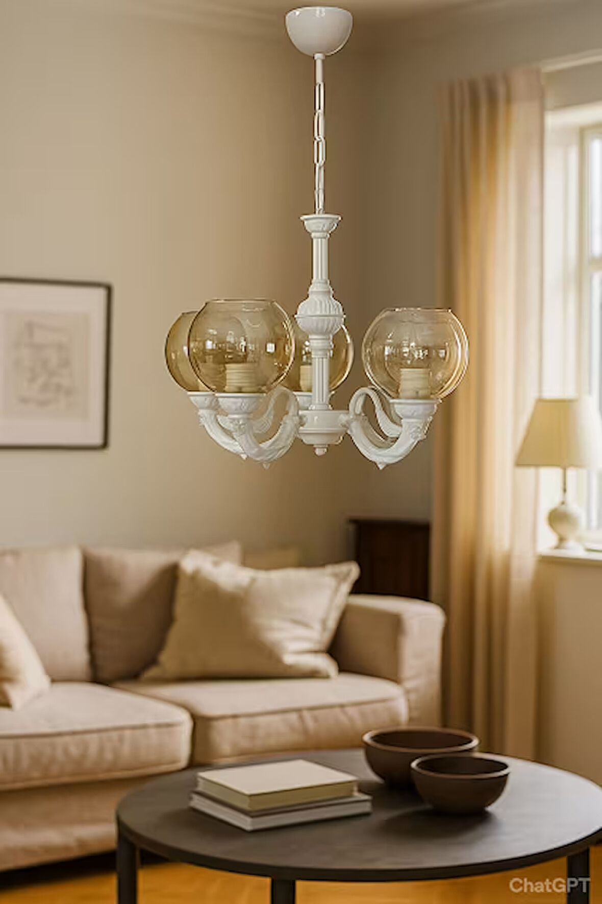 RİGA ZAMAK BEŞ KOLLU AVİZE STATİK BEYAZ BOYALI BAL RENGİ CAMLI