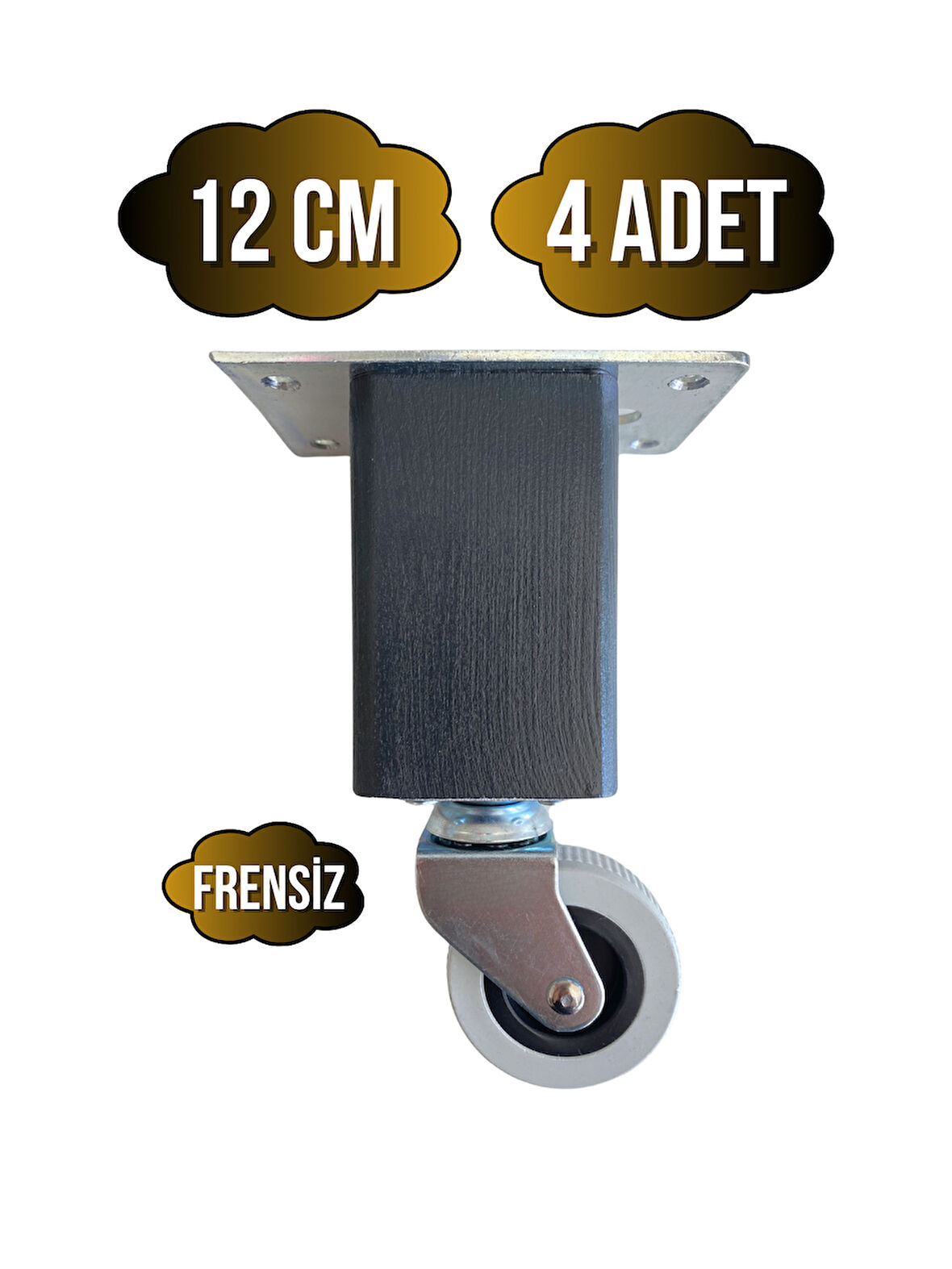 Kale Ahşap Tekerli Ayak Mobilya Masa ve Dolap Tekerli Ayağı(FRENSİZ)(12CM)(ANTRASİT)(4 ADET)(KAYIN)