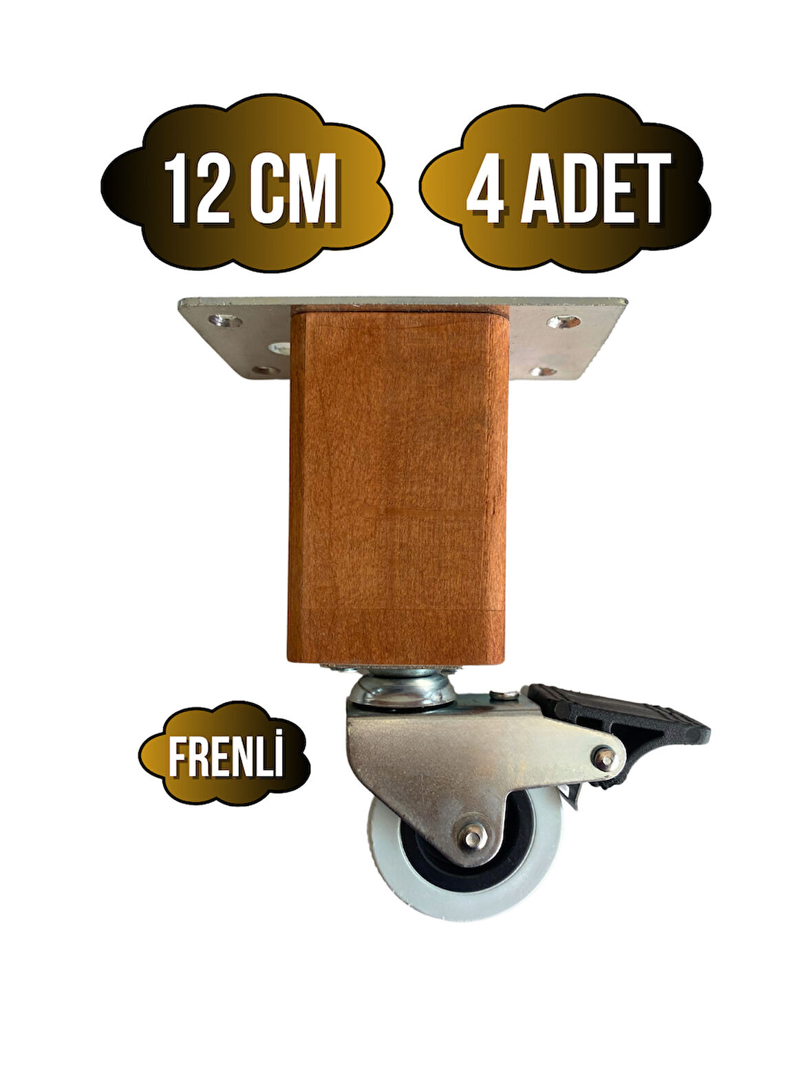 Kale Ahşap Tekerli Ayak Mobilya Masa ve Dolap Tekerli Ayağı(FRENLİ)(12CM)(CEVİZ)(4 ADET)(KAYIN)