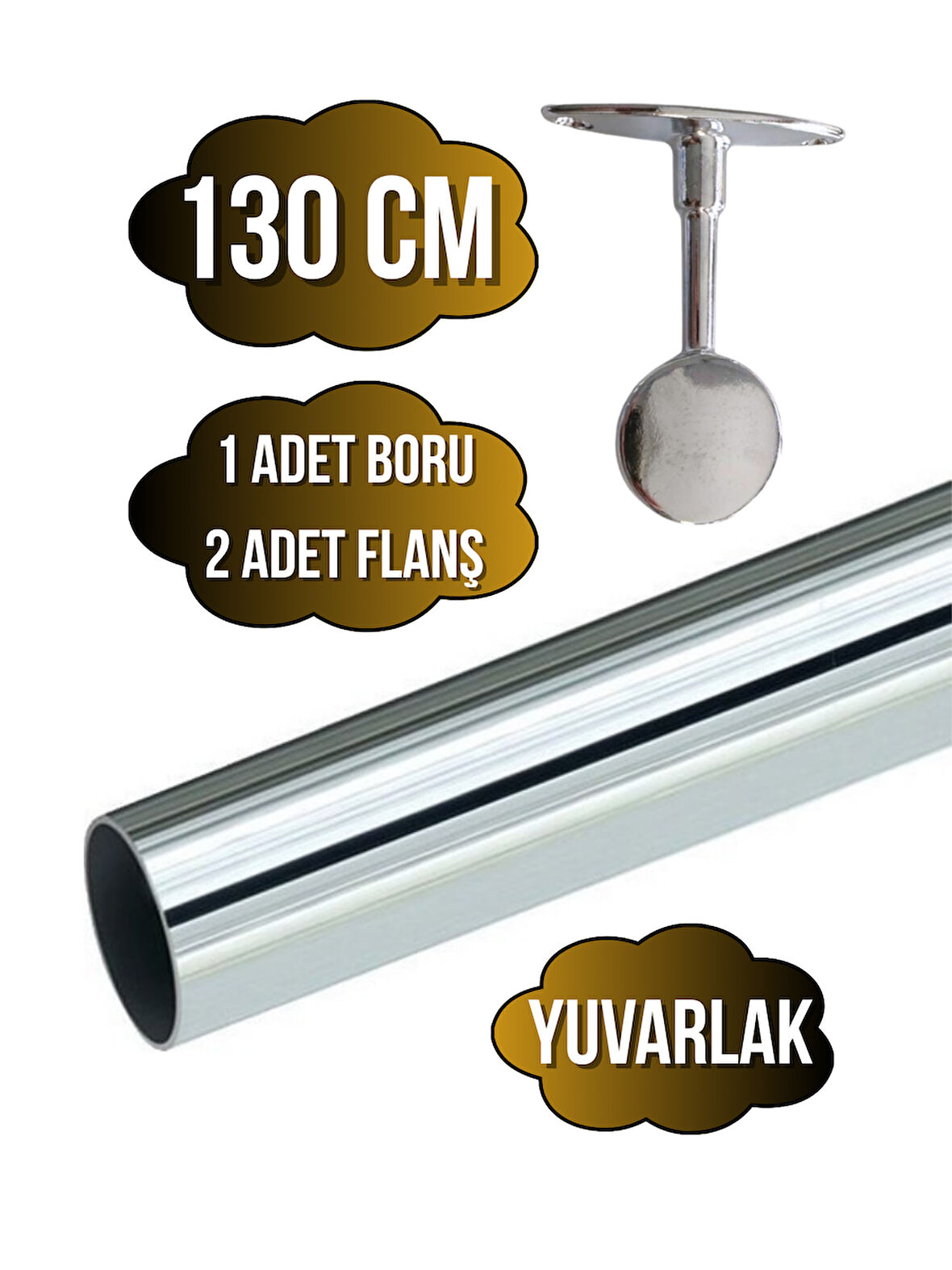 Metal Yuvarlak Krom Mobilya Askı Borusu(130CM)(2 ADET AYAKLI KAPALI FLANŞ-1 ADET BORU)(ÇAP:25MM)
