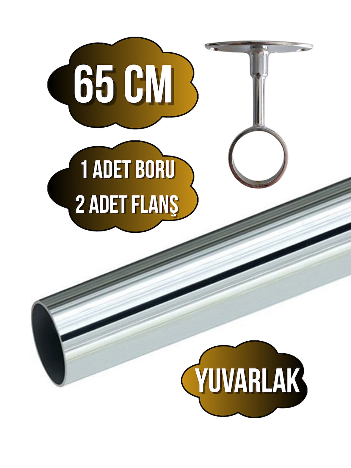 Metal Yuvarlak Krom Mobilya Dolap Askı Borusu(65CM)(2 ADET AYAKLI AÇIK FLANŞ-1 ADET BORU)(ÇAP:25MM)