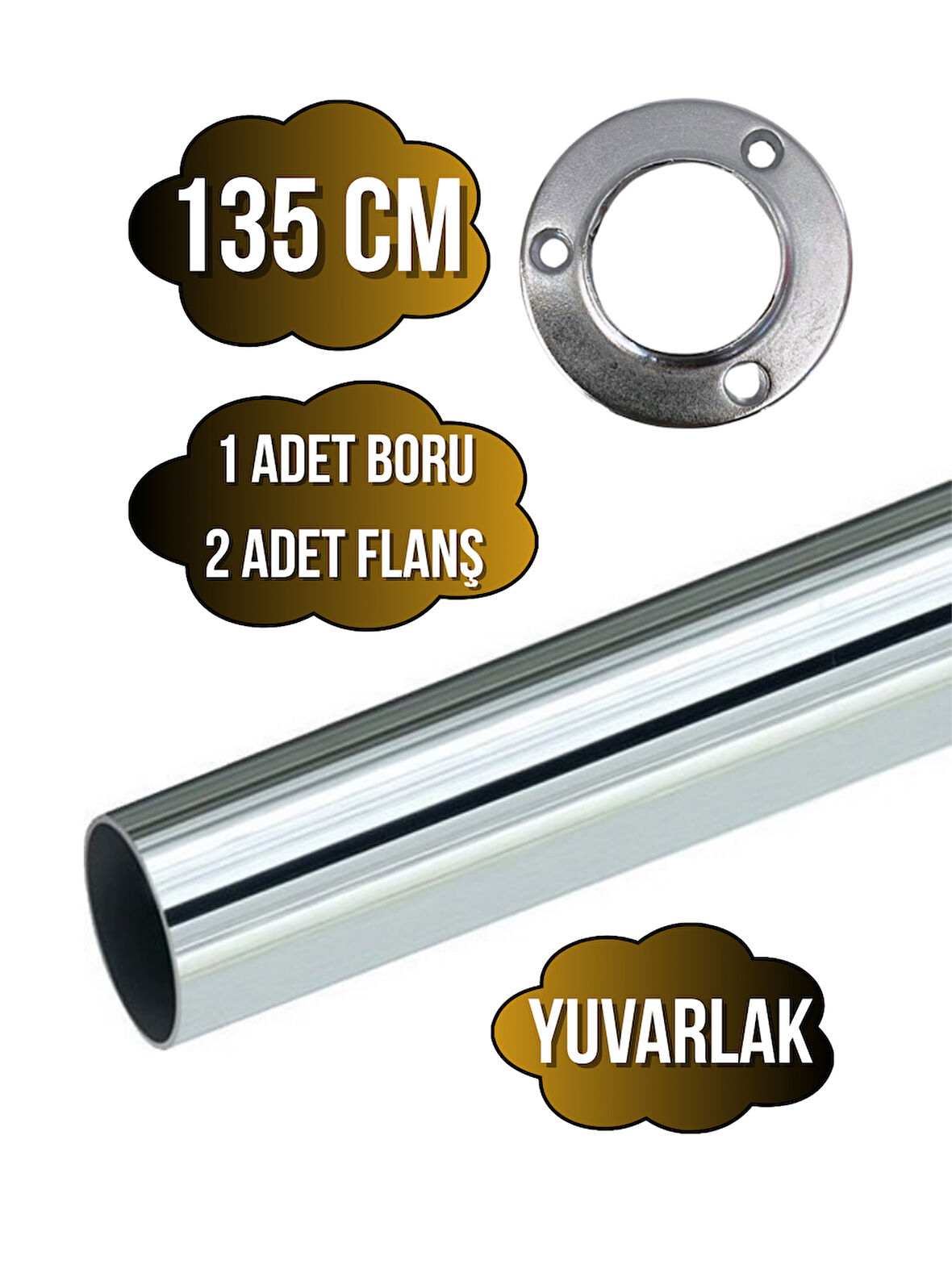 Metal Yuvarlak Krom Mobilya Dolap Askı Borusu(135CM)(2 ADET YUVARLAK FLANŞ-1 ADET BORU)(ÇAP:25MM)