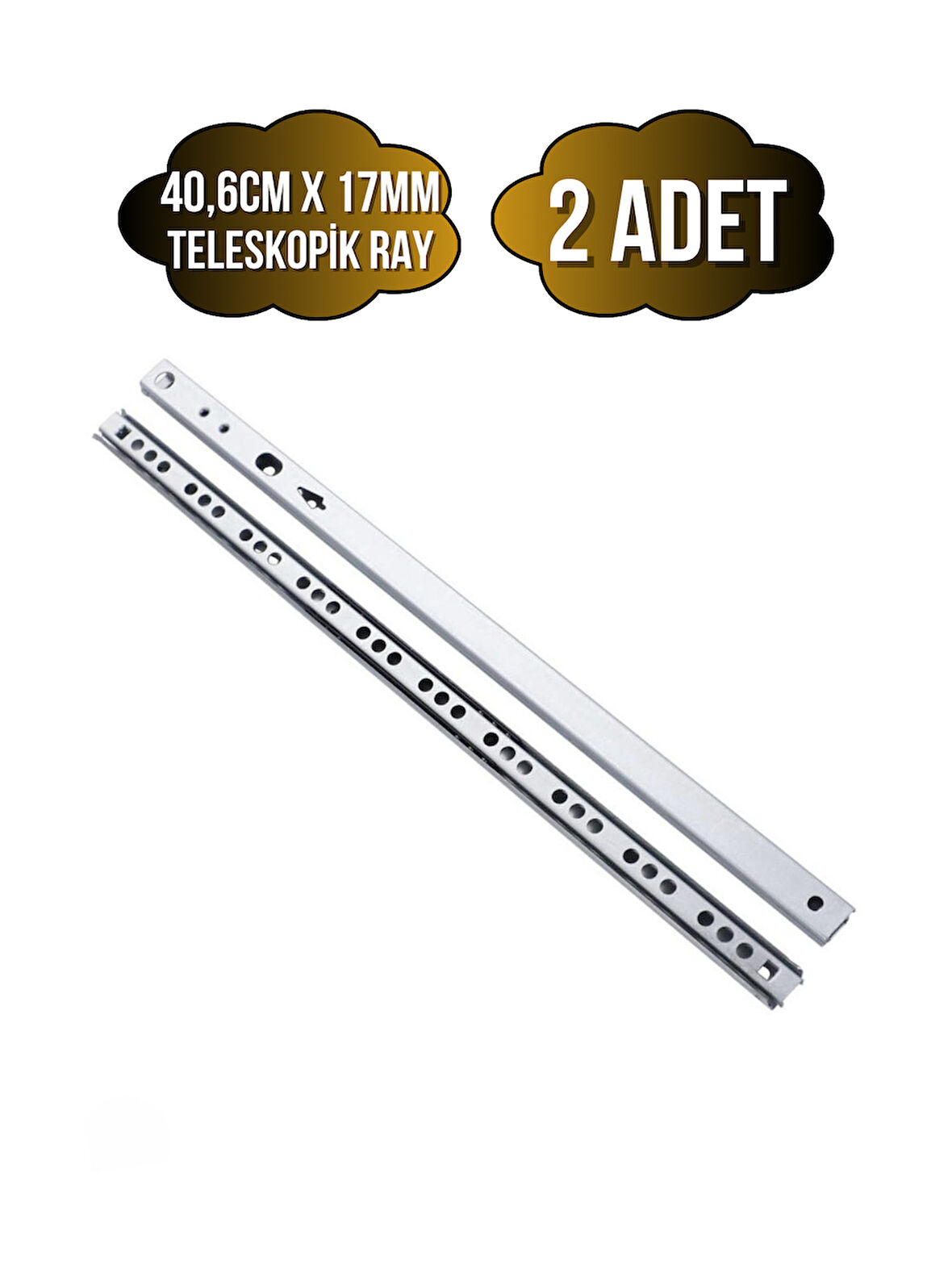 Teleskobik 17MM Çekmece Rayı Gömme Bilyeli İnce Ray(17MM)(40,6CM)(2 TAKIM)(KROM)