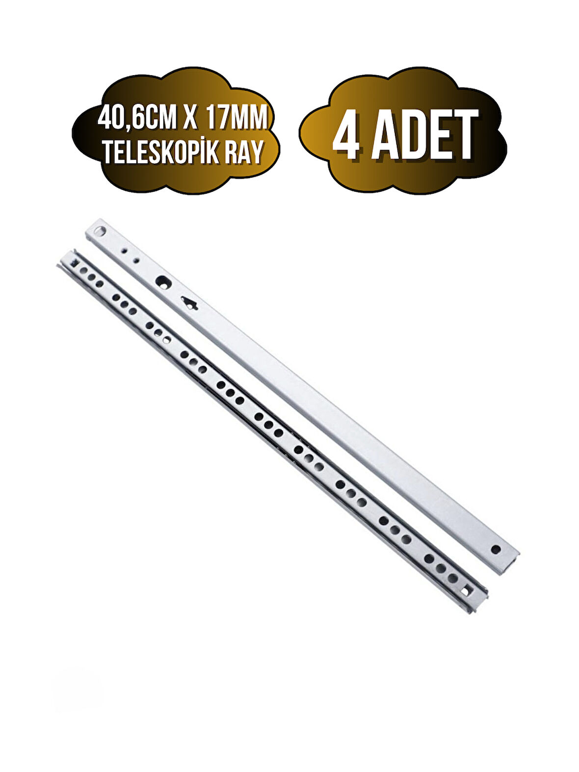 Teleskobik 17MM Çekmece Rayı Gömme Bilyeli İnce Ray(17MM)(40,6CM)(4 TAKIM)(KROM)