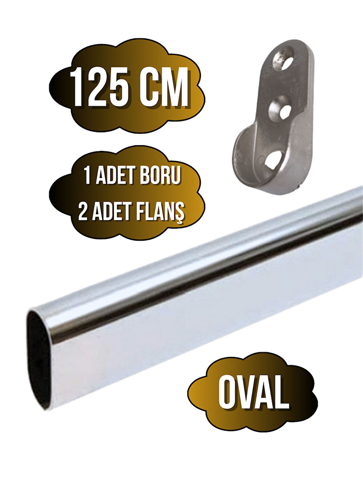 Metal Oval Krom Mobilya Dolap Askı Borusu(125CM)(OVAL)(2 ADET FLANŞ-1 ADET BORU)(BOY:30MM EN:15MM)