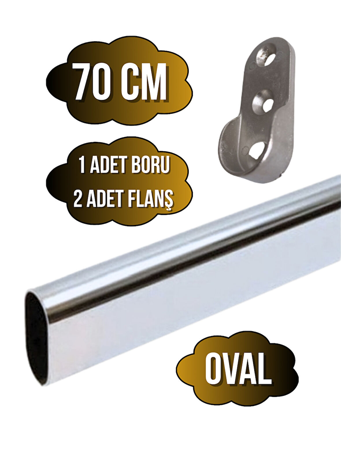Metal Oval Krom Mobilya Dolap Askı Borusu(70CM)(OVAL)(2 ADET FLANŞ-1 ADET BORU)(BOY:30MM EN:15MM)