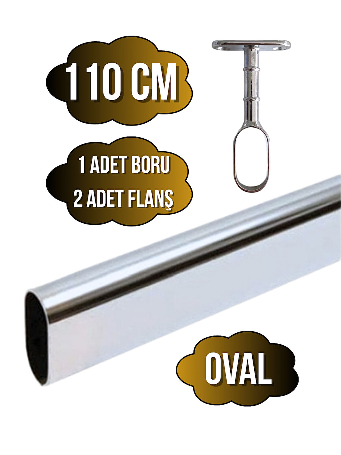 Metal Oval Krom Mobilya Dolap Askı Borusu(KROM)(110CM)(OVAL)(2 ADET AYAKLI AÇIK FLANŞ-1 ADET BORU)
