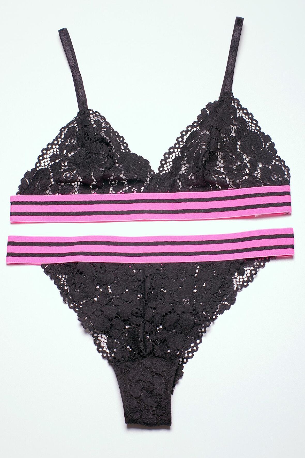 SİYAH PEMBE ÇİZGİLİ LASTİKLİ FULL DANTEL BRALET TAKIM DS20095BRT