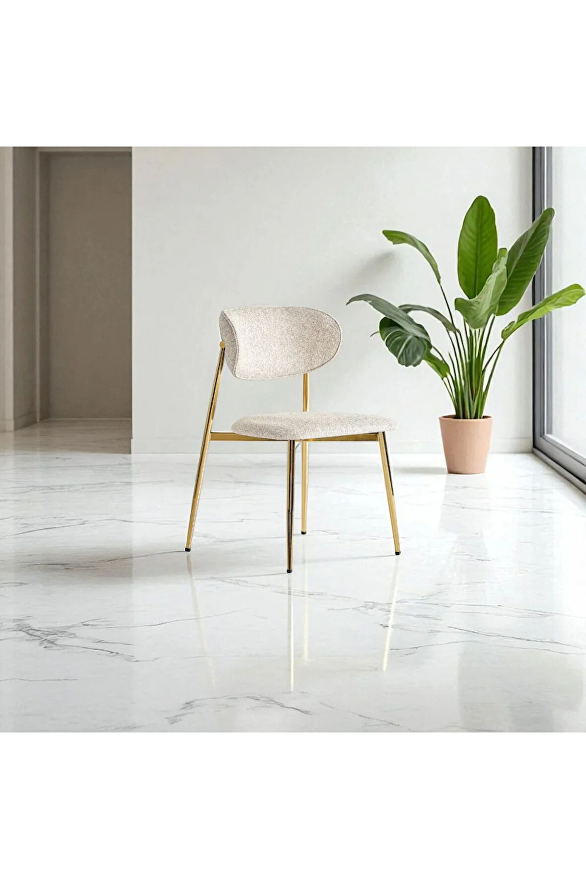 Laila S80 Sandalye – Krem Kumaş, Gold Metal Ayak