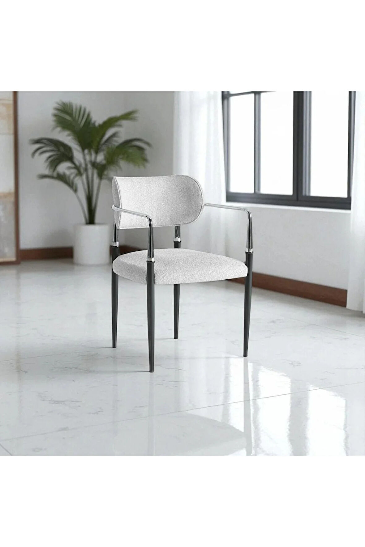 Umay S81 Kollu Sandalye – 2 Adet Sandalye Set, Gri Kumaş, Krom-Siyah Ayak