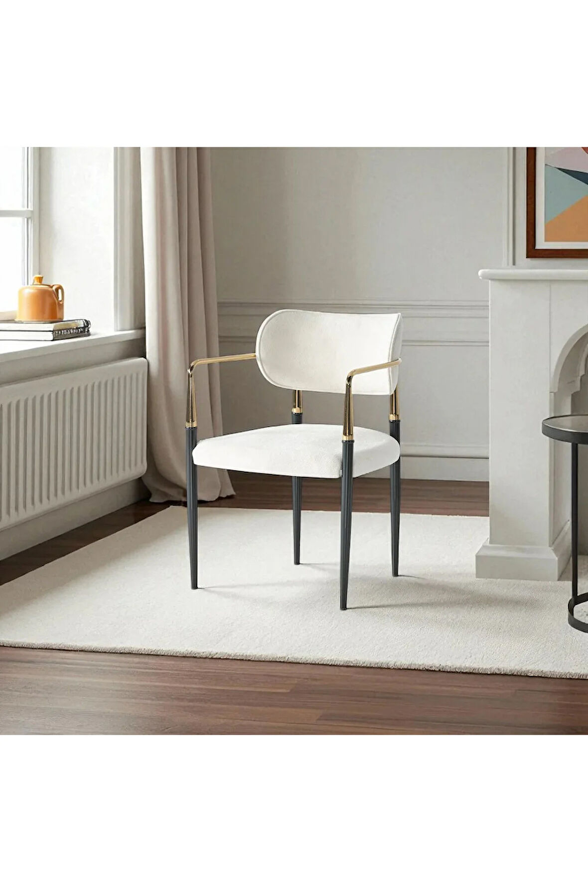 Umay S81 Kollu Sandalye – 2 Adet Sandalye Set, Krem Kumaş, Gold - Siyah Ayak