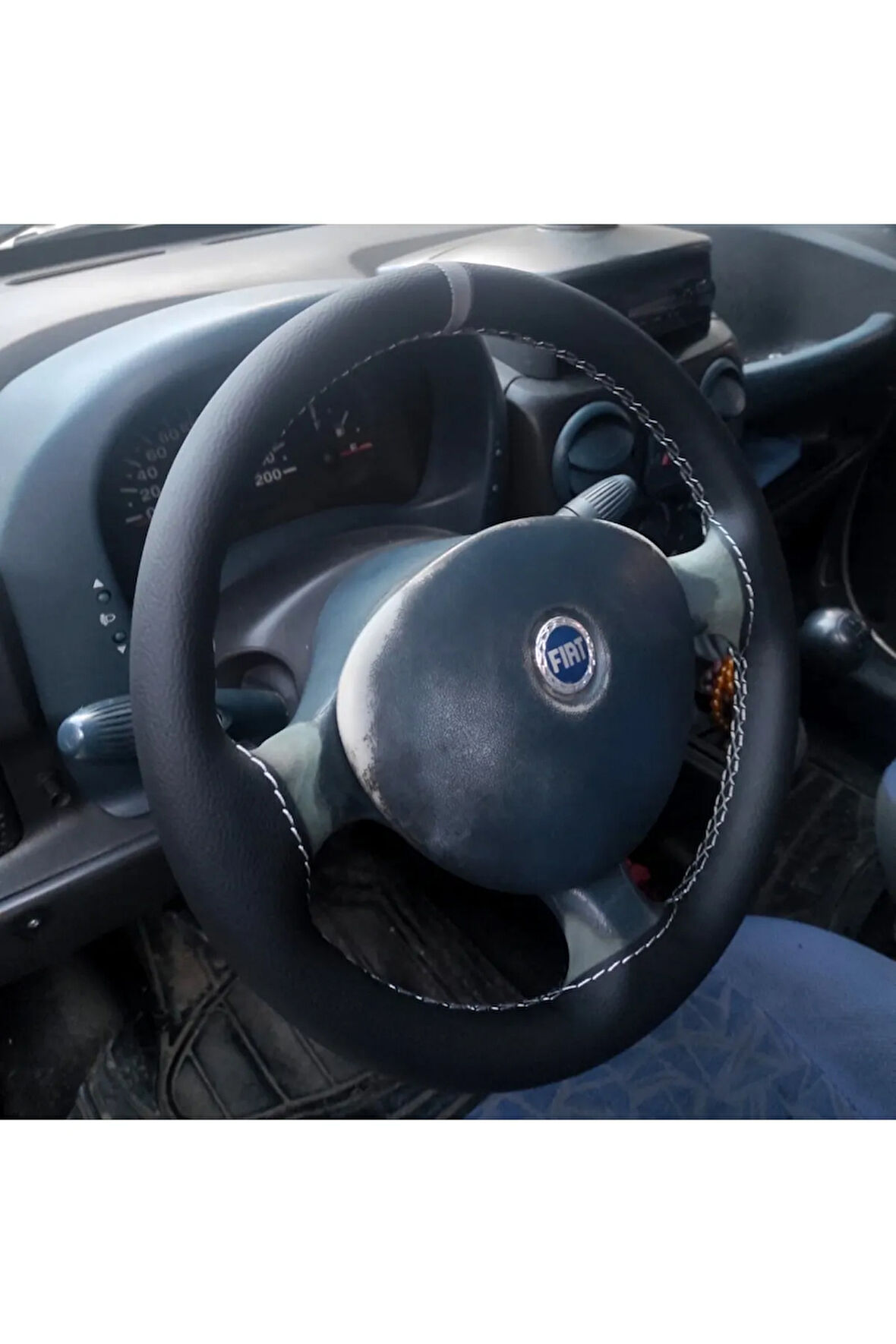 DİKİŞLİ DİREKSİYON KILIFI SİYAH DERİ GRİ YÜZÜK/DİKİŞ FIAT DOBLO İÇİN