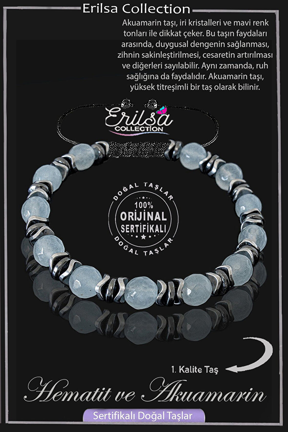 Sertifikalı Gerçek Fasetli Hematit - Akuamarin Taşı Bileklik