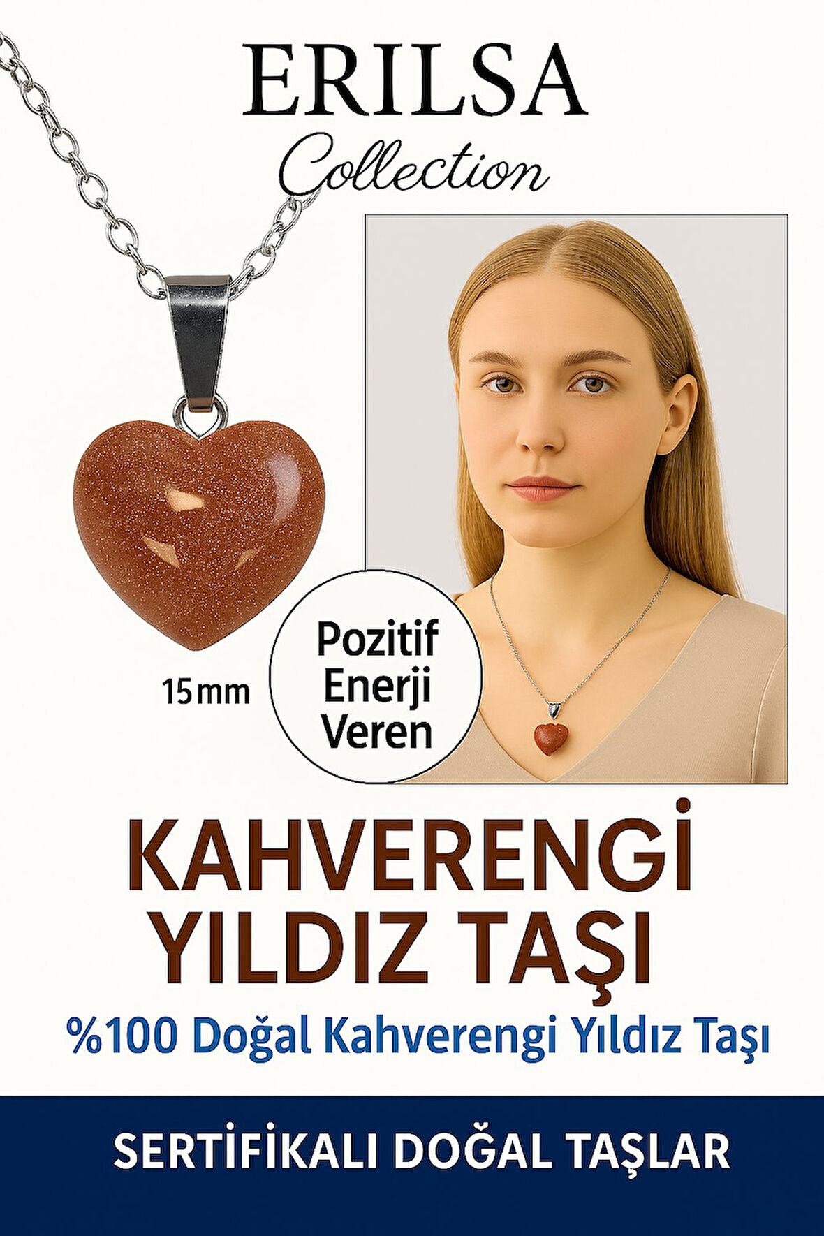 Sertifikalı Kalp Model Mini Kahverengi Yıldız Taşı Kolye – Motivasyon ve İçsel Parlaklık Taşı
