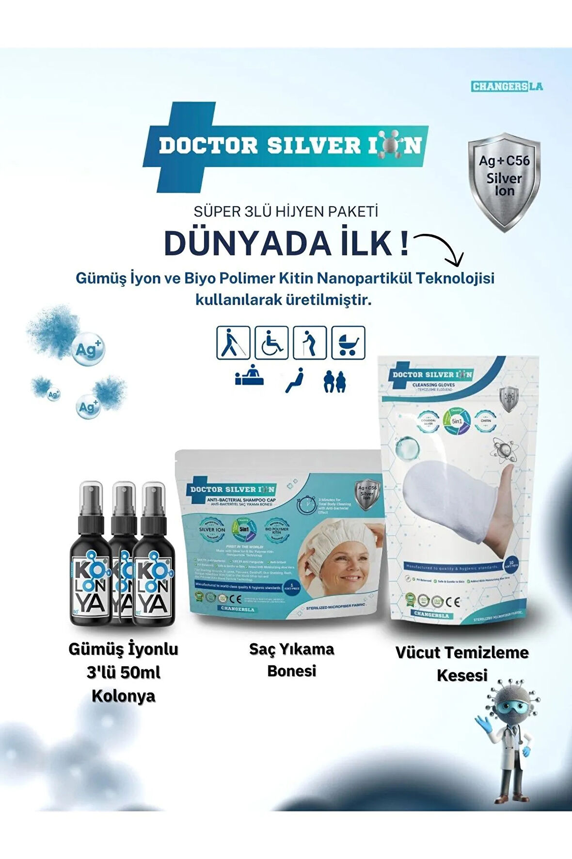 Gümüş İyonlu 3'lü 50 ml Kolonya  Vücut Temizleme Kesesi ve Saç Yıkama Bonesi Temizlik Seti