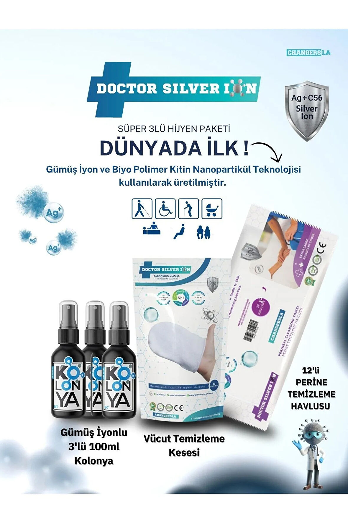 Gümüş İyonlu 3'lü 100 ml Kolonya  Vücut Temizleme Kesesi ve 12'li Perine Islak Mendili Temizlik Seti