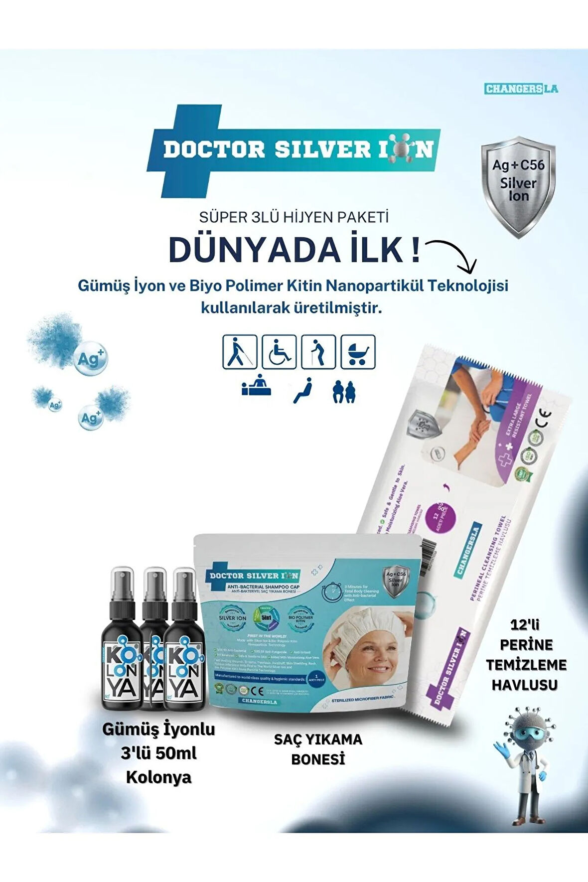 Gümüş İyonlu 3'lü 50 ml Kolonya Saç Yıkama Bonesi ve 12'li Perine Islak Mendili Temizlik Seti