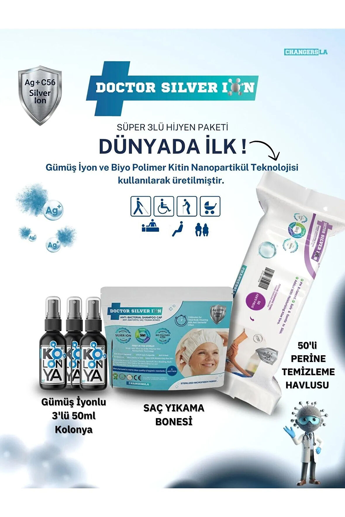 Gümüş İyonlu 3'lü 50ml Kolonya, Saç Yıkama Bonesi ve 50'li Perine Islak Mendili Temizlik Seti