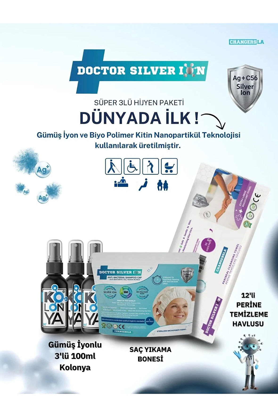 Gümüş İyonlu 3'lü 100 ml Kolonya  Saç Yıkama Bonesi ve 12'li Perine Islak Mendili Temizlik Seti