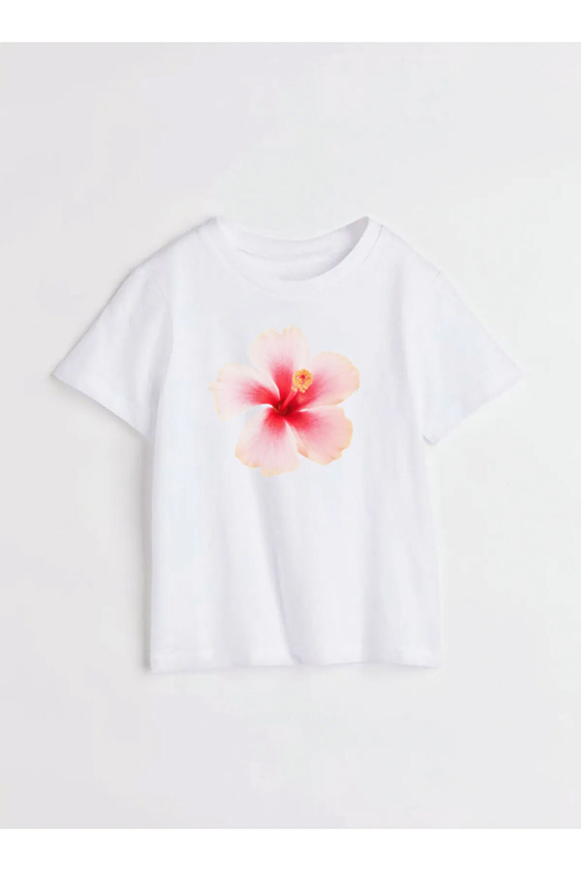 Hibiskus Çiçeği Baskılı Bisiklet Yaka Basic Trend Kadın T-shirt
