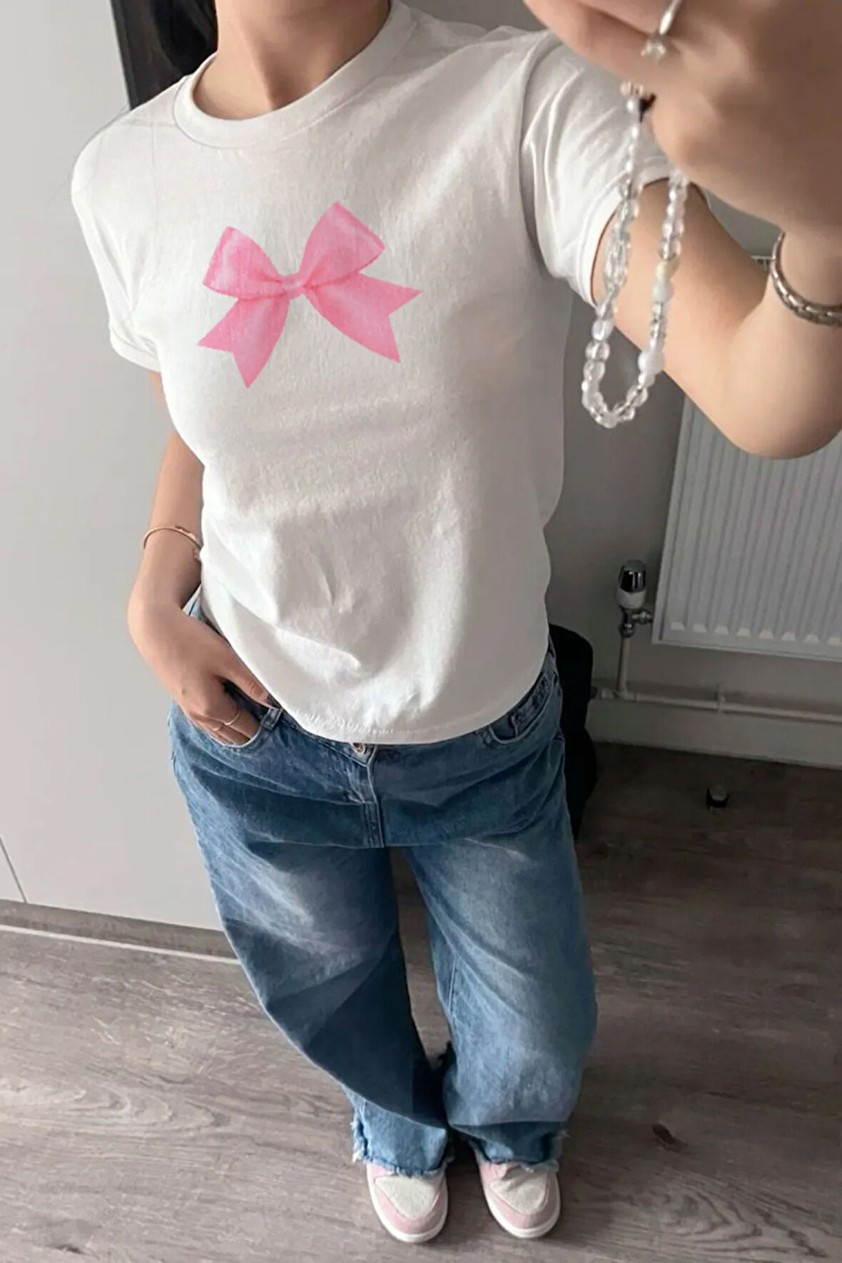 Pembe Kurdele Baskılı Bisiklet Yaka Basic Trend Kadın T-shirt