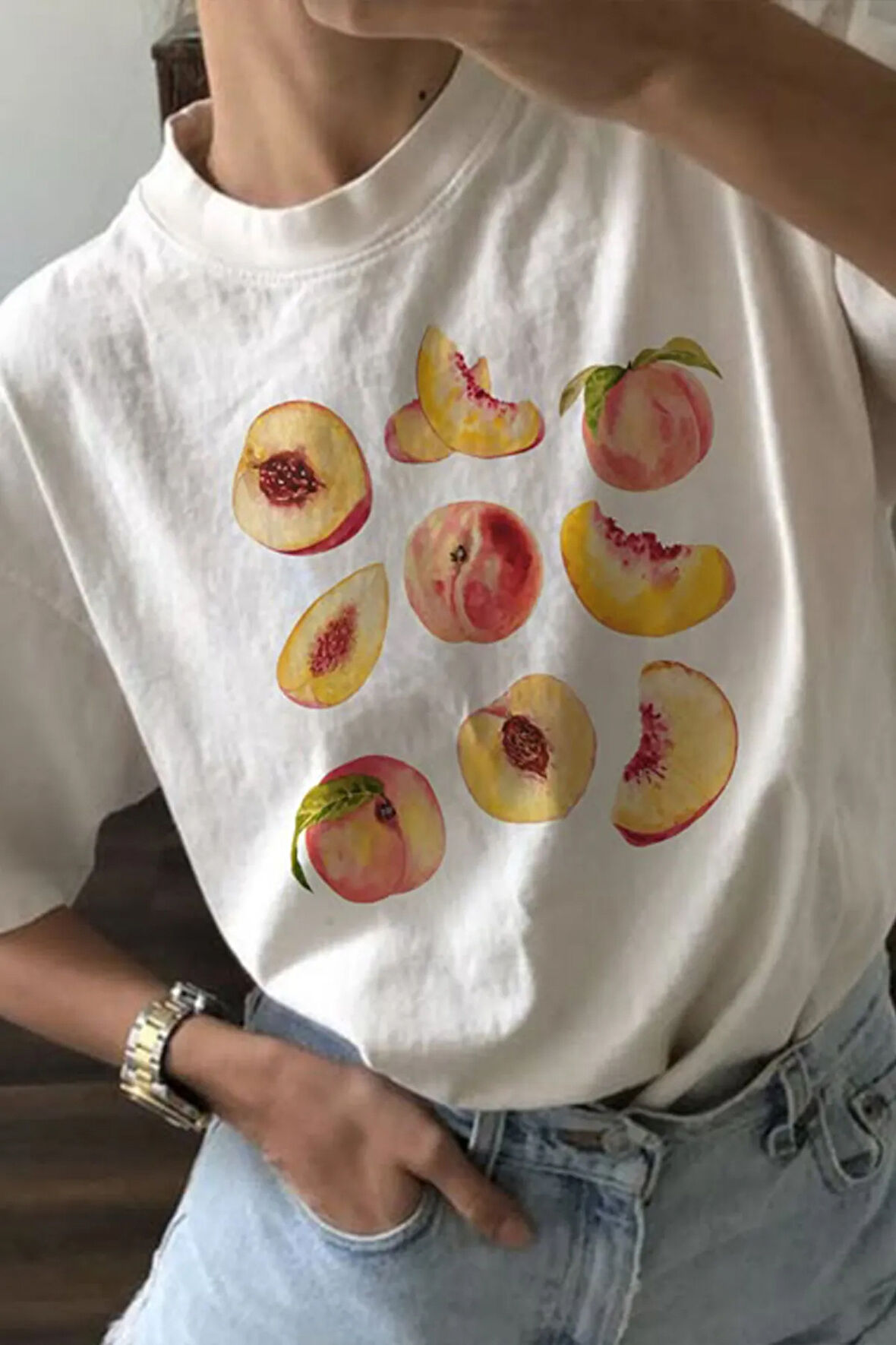 Şeftali Baskılı Bisiklet Yaka Basic Trend Kadın T-shirt