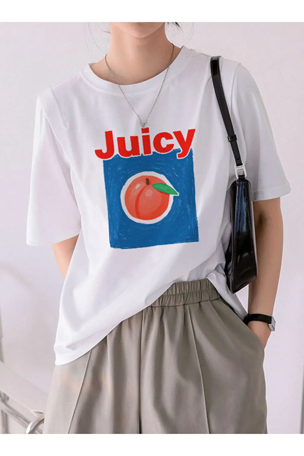 Juicy Baskılı Bisiklet Yaka Basic Trend Kadın T-shirt