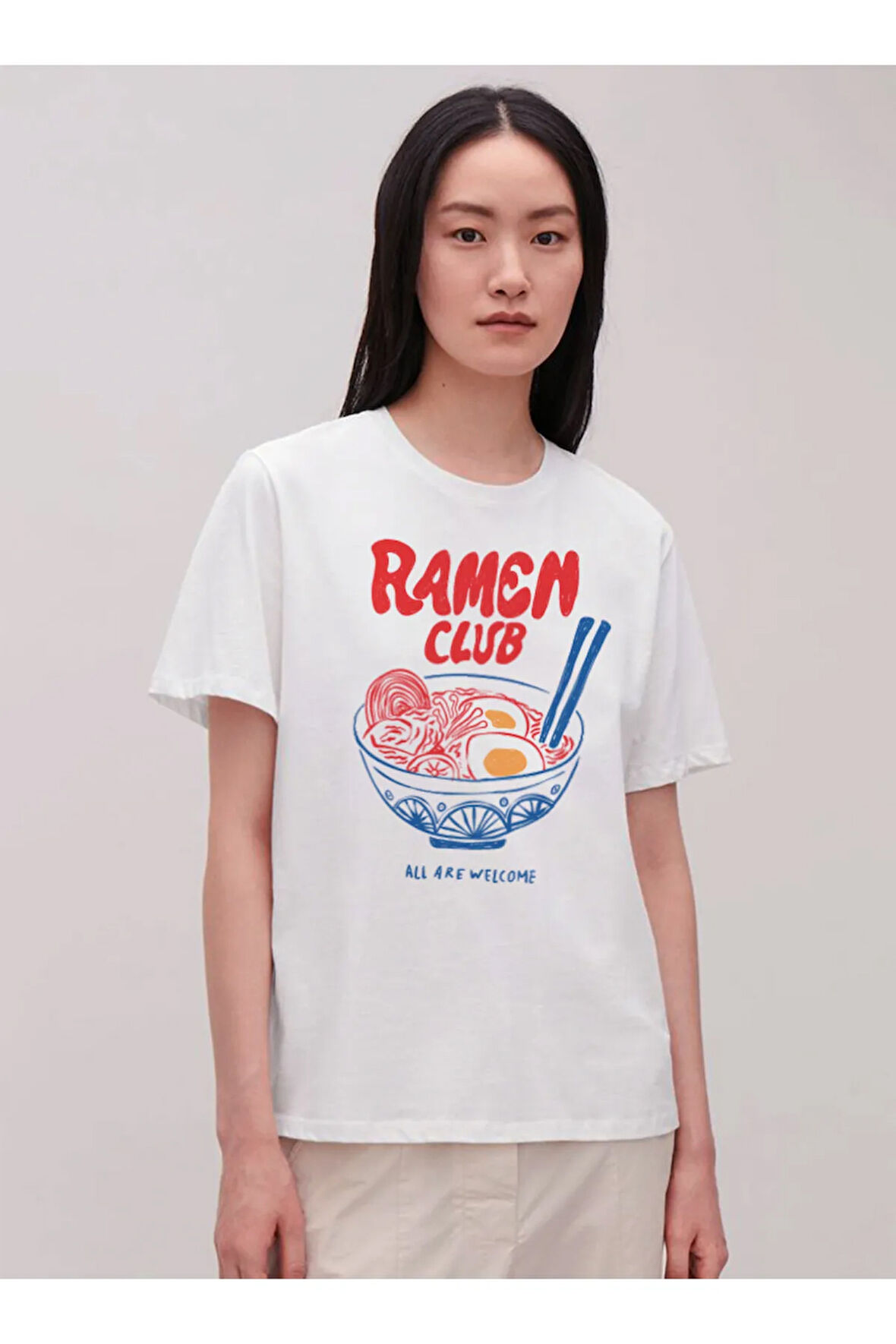 Ramen Baskılı Bisiklet Yaka Basic Trend Kadın T-shirt