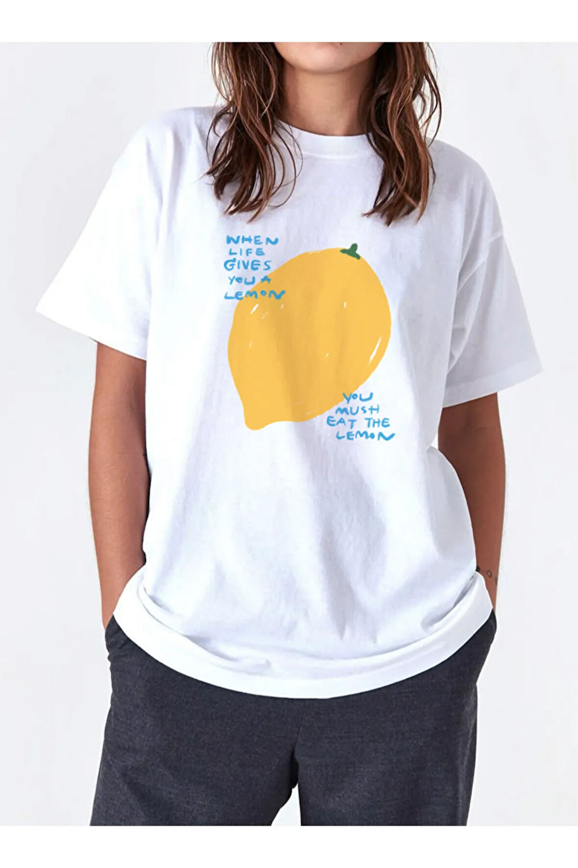Eat The Lemon Baskılı Bisiklet Yaka Basic Trend Kadın T-shirt