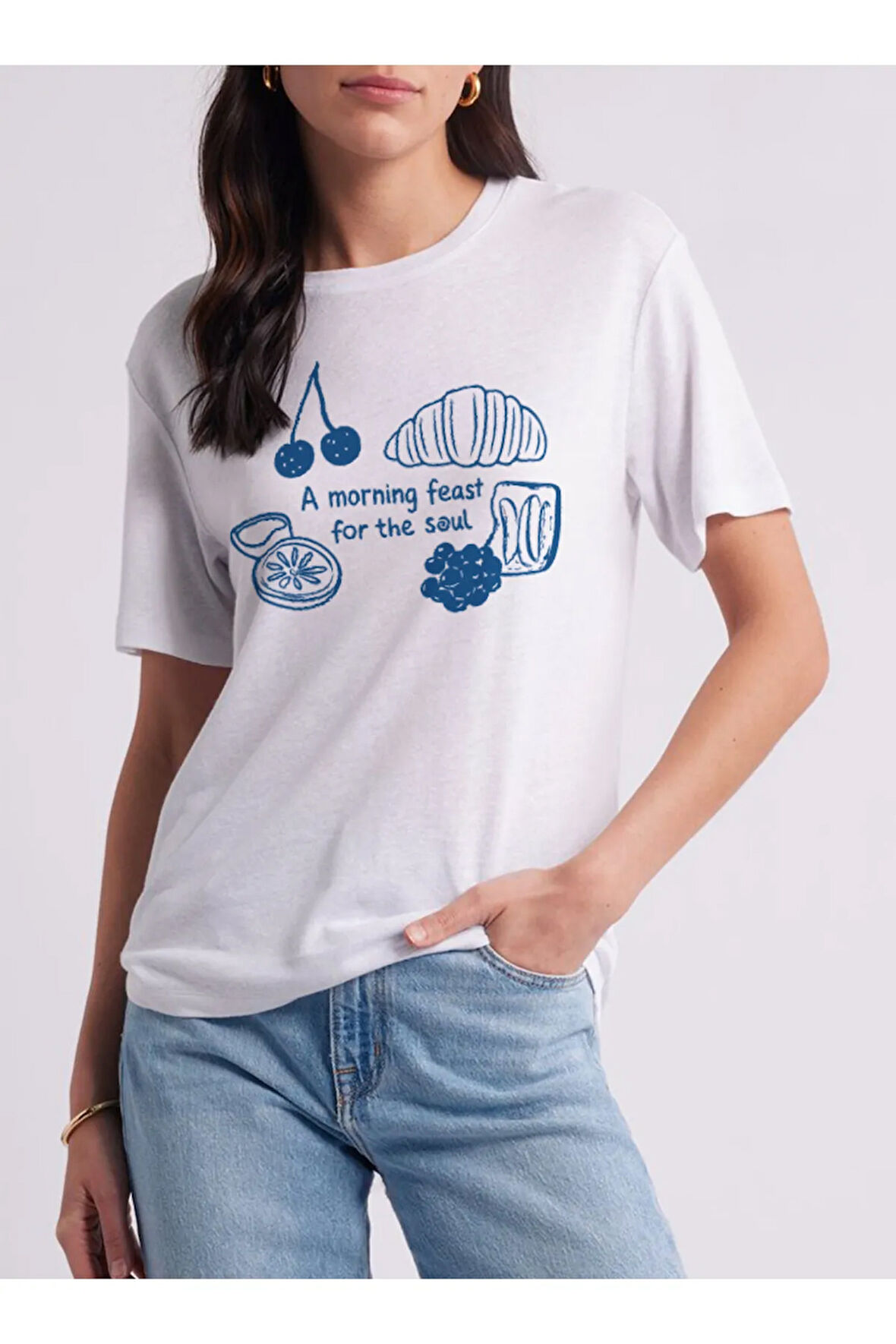 Morning Feast Baskılı Bisiklet Yaka Basic Trend Kadın T-shirt