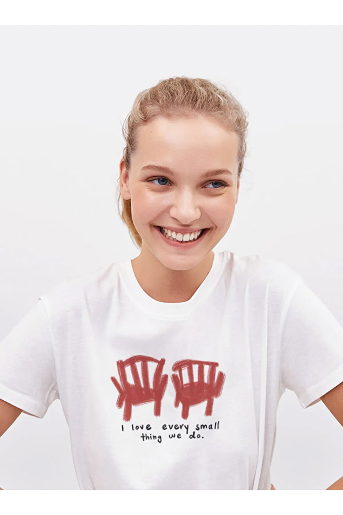 Side by Side Baskılı Bisiklet Yaka Basic Trend Kadın T-shirt