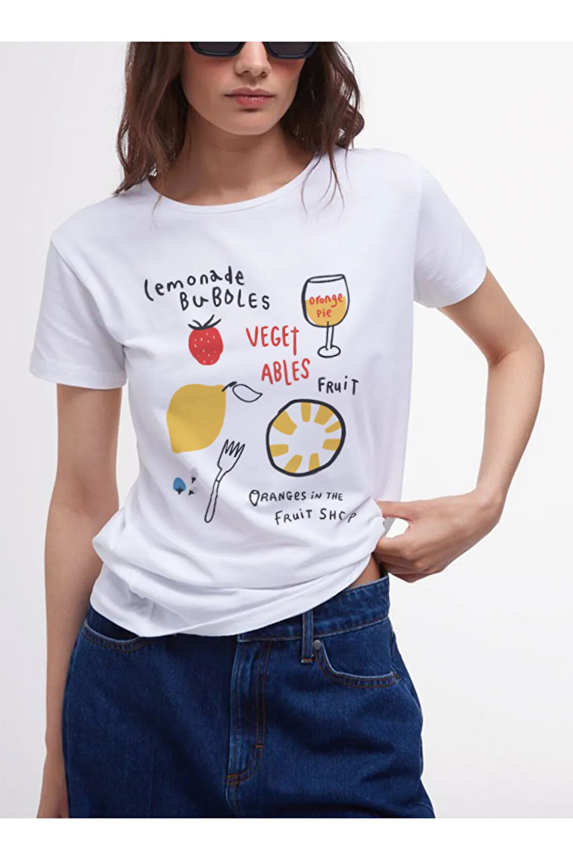 Orange Pie Baskılı Bisiklet Yaka Basic Trend Kadın T-shirt