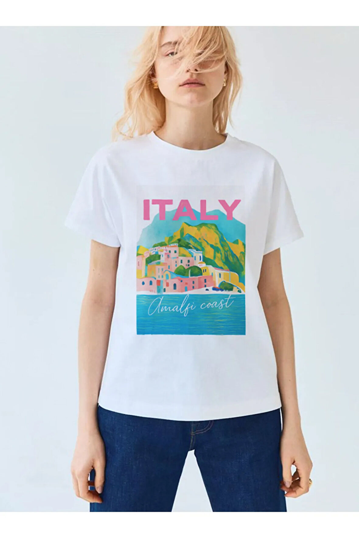 Italy Baskılı Bisiklet Yaka Basic Trend Kadın T-shirt