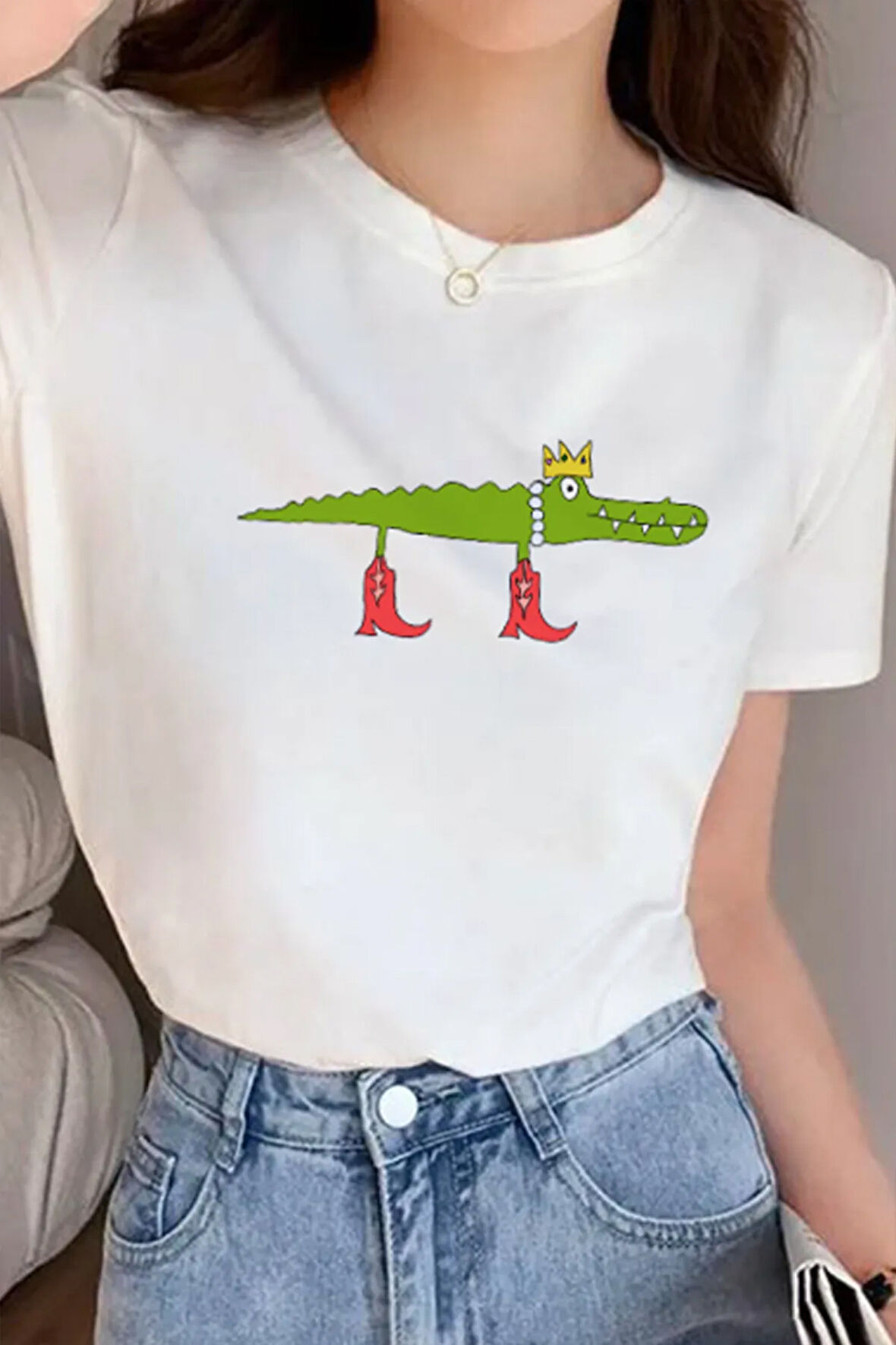 Crocodile Baskılı Bisiklet Yaka Basic Trend Kadın T-shirt
