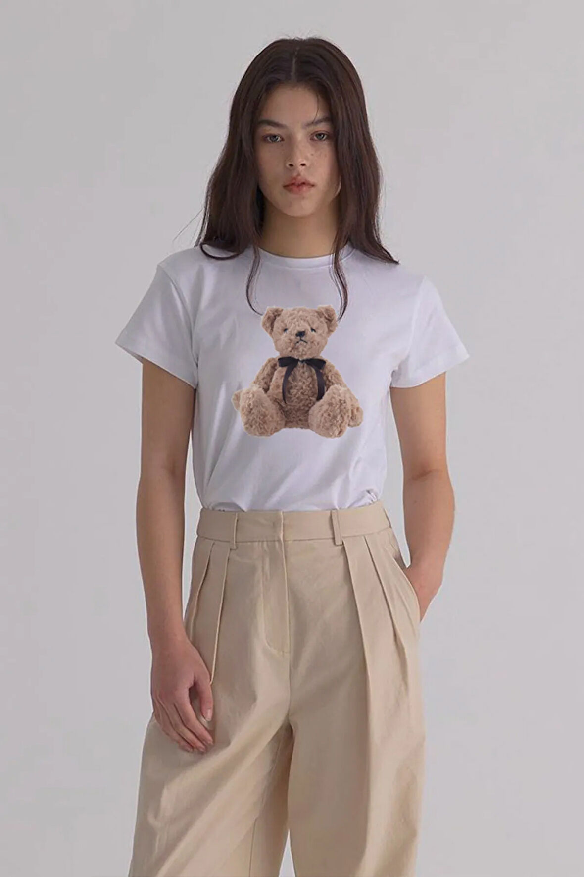 Teddy Baskılı Bisiklet Yaka Basic Trend Kadın T-shirt