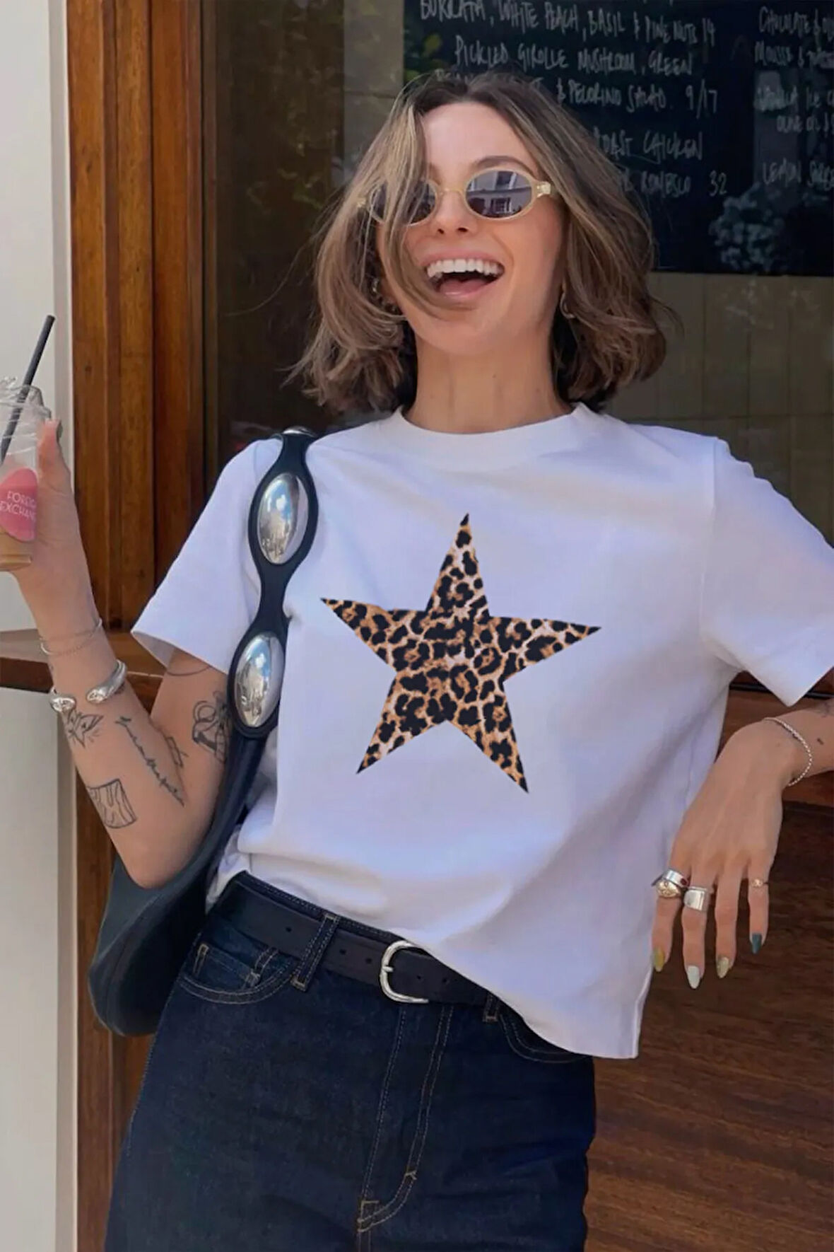Leopard Star Baskılı Bisiklet Yaka Basic Trend Kadın T-shirt